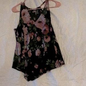 First love pre-owned black blouse with pink and green floral pattern
